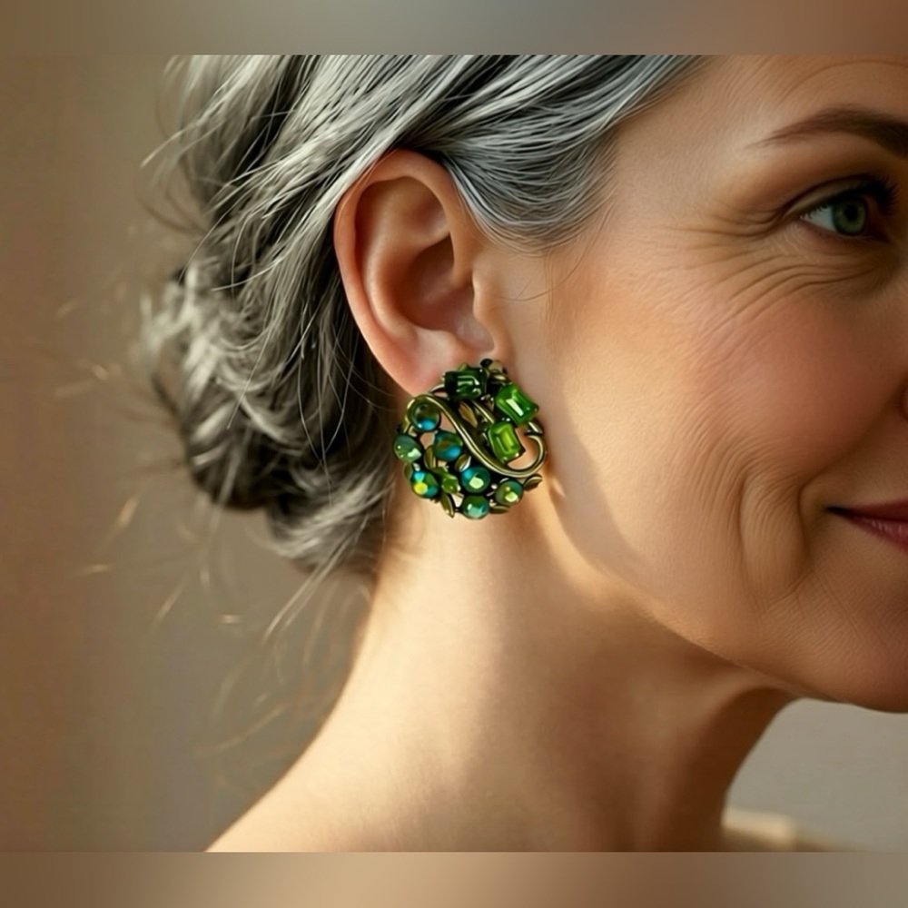Lisner Clip On Earrings, Pink and Green Aurora Borealis Rhinestones, Circa 1960